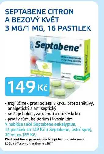 Lékárna AGEL SEPTABENE CITRON A BEZOVÝ KVĚT 3 MG/1 MG, 16 PASTILEK nabídka