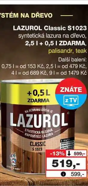 Barvy a laky drogerie LAZUROL Classic S1023 syntetická lazura na dřevo, 2,5l nabídka
