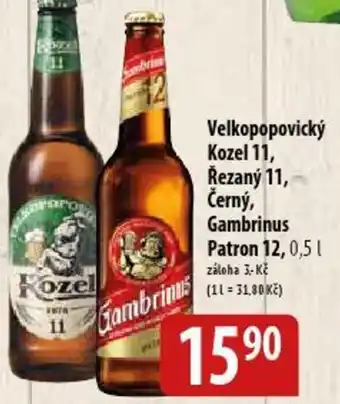 Bala Velkopopovický Kozel 11, Řezaný 11, Černý, Gambrinus Patron 12, 0,5 l. nabídka