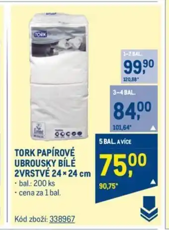 Makro TORK PAPÍROVÉ UBROUSKY BÍLÉ 2VRSTVÉ 24x24 cm nabídka