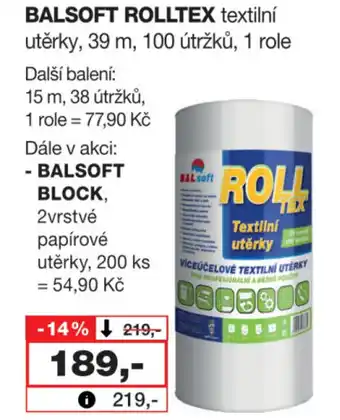 Barvy a laky drogerie BALSOFT ROLLTEX textilní utěrky, 39 m, 100 útržků, 1 role nabídka