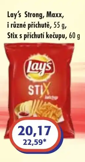 Lay's Strong, Maxx, i různé příchutě, 55 g, Stix s příchutí kečupu, 60 g