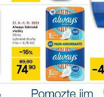 Tesco Always dámské vložky nabídka