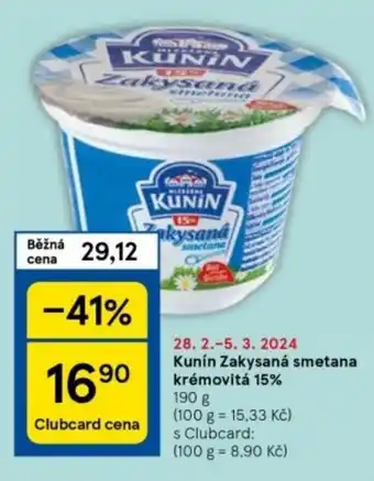 Tesco Kunín Zakysaná smetana krémovitá 15% nabídka