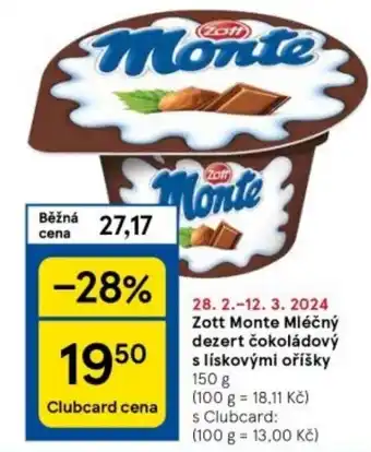 Tesco Zott Monte Mléčný dezert čokoládový s lískovými oříšky nabídka