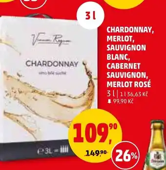 Penny Market CHARDONNAY, MERLOT, SAUVIGNON BLANC, CABERNET SAUVIGNON, MERLOT ROSÉ 3L nabídka