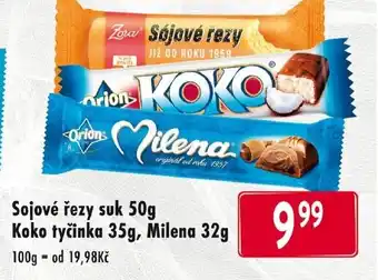Sojové řezy suk 50g Koko tyčinka 35g, Milena 32g