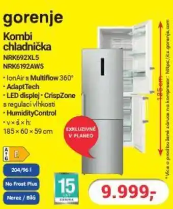 Planeo Elektro gorenje Kombi chladnička NRK692XL5 NRK6192AW5 nabídka