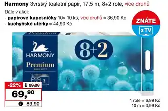 Barvy a laky drogerie Harmony 3vrstvý toaletní papír, 17,5 m, 8+2 role nabídka
