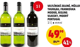 Penny Market VELTLÍNSKÉ ZELENÉ, MÜLLER THURGAU, FRANKOVKA MODRÁ, RISLING VLASSKY, MODRÝ PORTUGAL 1 L nabídka