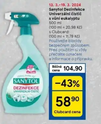Tesco Sanytol Dezinfekce Univerzální čistič s vůní eukalyptu 500 ml nabídka