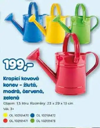 Kropící kovová konev – žlutá, modrá, červená, zelená