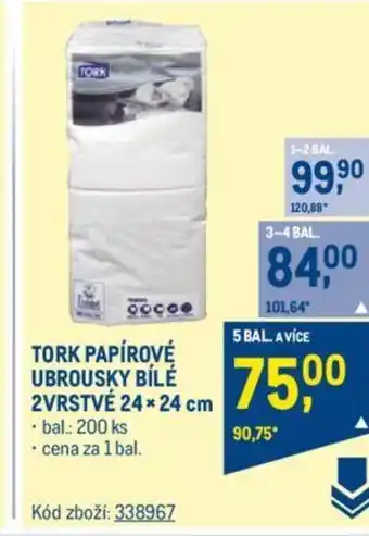 Makro TORK PAPÍROVÉ UBROUSKY BÍLÉ 2VRSTVÉ 24x24 cm nabídka