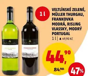 Penny Market VELTLÍNSKÉ ZELENÉ, MÜLLER THURGAU, FRANKOVKA MODRÁ, RISLING VLASSKY, MODRÝ PORTUGAL 1L nabídka