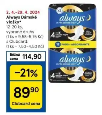 Tesco Always Dámské vložky nabídka