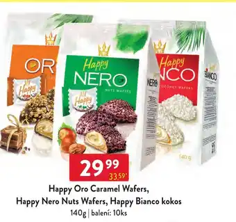 Qanto Happy Oro Caramel Wafers, Happy Nero Nuts Wafers, Happy Bianco kokos nabídka