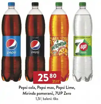 Qanto Pepsi cola, Pepsi max, Pepsi Lime, Mirinda pomeranč, 7UP Zero 1.5L nabídka