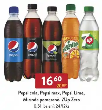 Qanto Pepsi cola, Pepsi max, Pepsi Lime, Mirinda pomeranč, 7Up Zero 0,5L nabídka