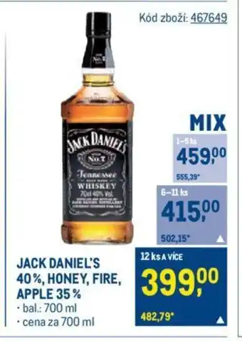 Makro JACK DANIEL'S 40%, HONEY, FIRE, APPLE 35% nabídka