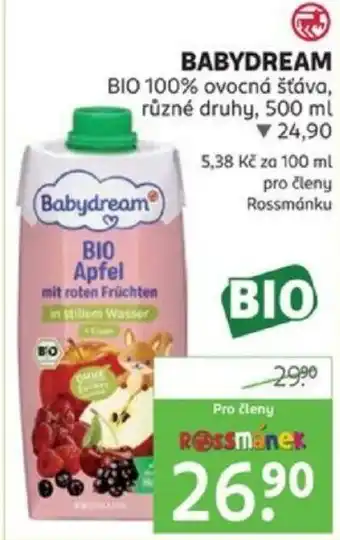 Rossmann BABYDREAM BIO 100% ovocná šťáva, různé druhy, 500 ml nabídka