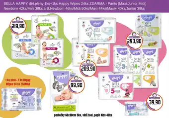 Prima Drogerie BELLA HAPPY dět.pleny 1ks+1ks Happy Wipes 24ks ZDARMA - Pants (Maxi, Junior, Midi) Newborn 42ks/Mini 38ks nabídka