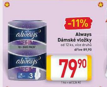 Billa Always dámské vložky nabídka