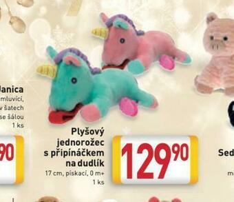 Plyšový jednorožec s připínáčkem na dudlík
