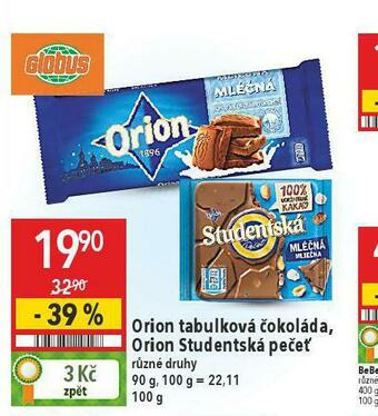 Globus Orion tabulka čokoládová nabídka