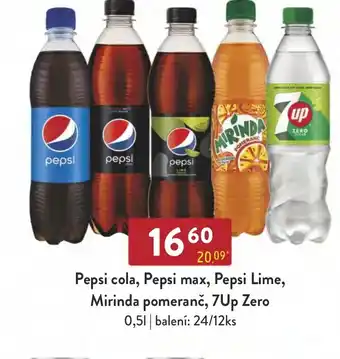 Qanto Pepsi cola, Pepsi max, Pepsi Lime, Mirinda pomeranč, 7Up Zero 0,5L nabídka