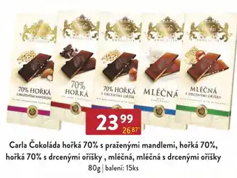 Qanto Carla Čokoláda hořká 70% s praženými mandlemi, hořká 70%, hořká 70% s drcenými oříšky, mléčná, mléčná s drcenými oříšky nabídka