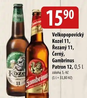 Velkopopovický Kozel 11, Řezaný 11, Černý, Gambrinus Patron 12, 0,5 L.