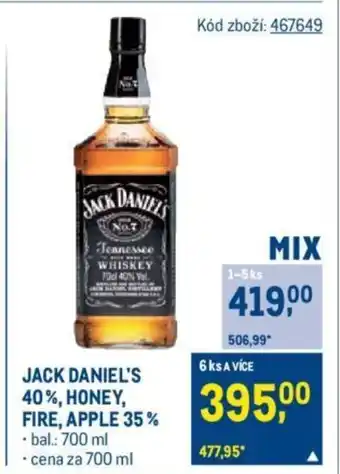 Makro JACK DANIEL'S 40%, HONEY, FIRE, APPLE 35% nabídka
