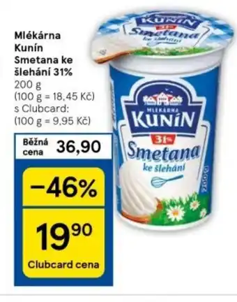 Tesco Mlékárna Kunín Smetana ke šlehání 31% 200 g nabídka