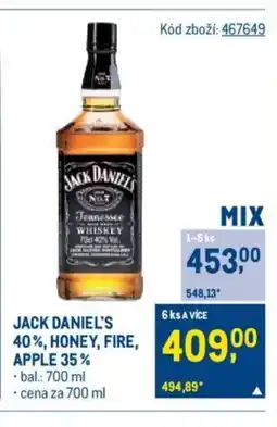 Makro JACK DANIEL'S 40%, HONEY, FIRE, APPLE 35% nabídka