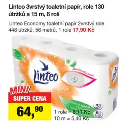 Šlak Linteo 3vrstvý toaletní papír, role 130 útržků a 15 m, 8 rolí nabídka