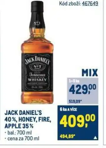 Makro JACK DANIEL'S 40%, honey, fire, apple 35% nabídka