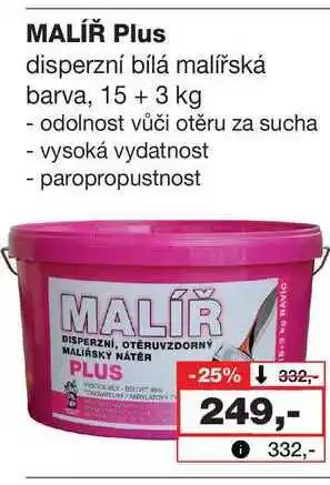 Barvy a laky drogerie MALÍŘ Plus disperzní bílá malířská barva, 153 kg nabídka