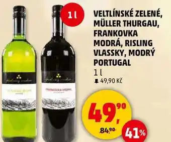 Penny Market VELTLÍNSKÉ ZELENÉ, MÜLLER THURGAU, FRANKOVKA MODRÁ, RISLING VLASSKY, MODRÝ PORTUGAL, 1 l nabídka