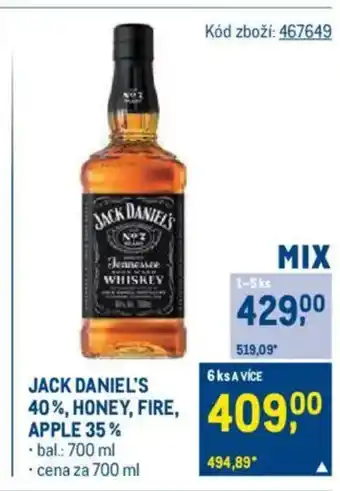 Makro Jack daniel's 40%, honey, fire, apple 35% nabídka