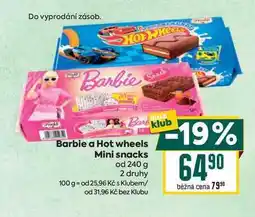 Billa Barbie a Hot wheels Mini snacks od 240 g nabídka