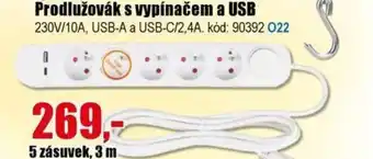 EVA Prodlužovák s vypínačem a USB nabídka