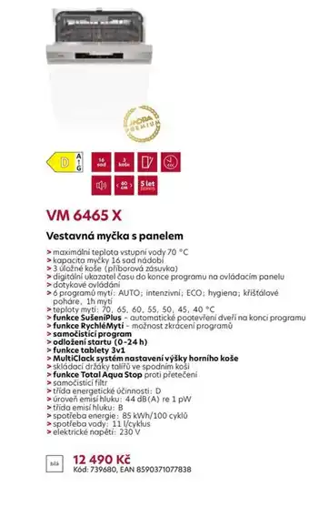 Möbelix VM 6465 X Vestavná myčka s panelem nabídka