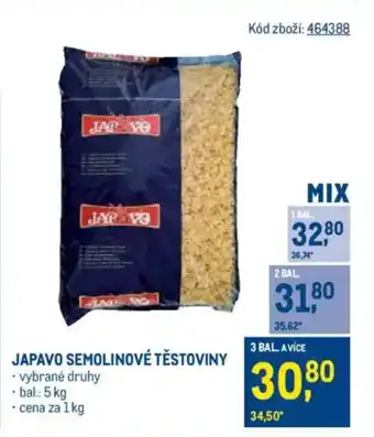 Makro Japavo semolinové těstoviny nabídka