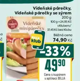 Billa Vídeňské párečky, Vídeňské párečky se sýrem nabídka