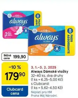 Tesco Always Dámské vložky, 32-40 ks, dva druhy nabídka