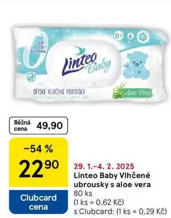 Tesco Linteo Baby Vlhčené ubrousky s aloe vera, 80 ks nabídka