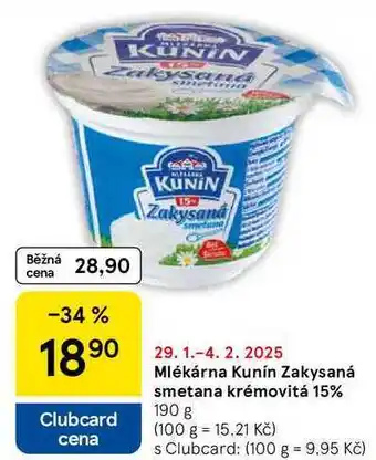 Tesco Mlékárna Kunín Zakysaná smetana krémovitá 15%, 190 g nabídka