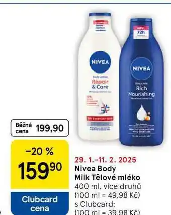 Tesco Nivea Body Milk Tělové mléko 400 ml, více druhů nabídka