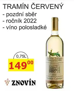 BENE Nápoje ZNOVÍN TRAMÍN ČERVENÝ - pozdní sběr - ročník 2022 - víno polosladké 0,75L nabídka