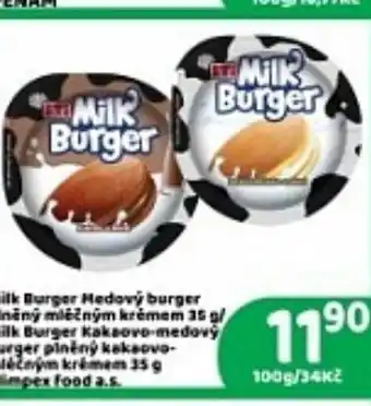 Brněnka Milk Burger Hedový burger plněný mléčným krémem 35 g/ Milk Burger Kakaovo-medový burger piněný kakaovo- mléčným krémem nabídka